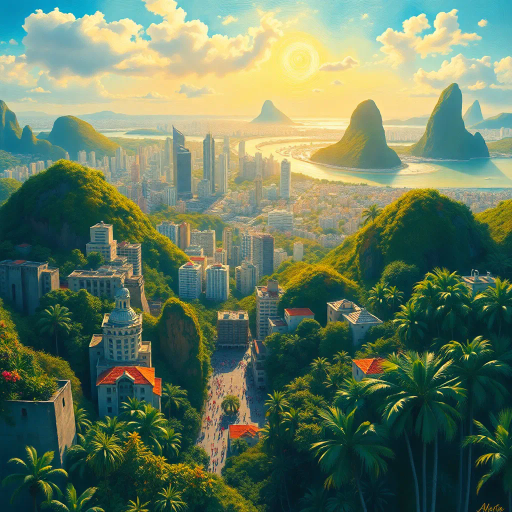 vibrant rainforest, sprawling cityscapes, Rio Carnival celebration, modernist architecture, Tarsila do Amaral, tropical paradise, lush landscapes, Samba rhythm, vivid color palettes, dynamic movement, cultural fusion, vibrant street art, warm sunlight, Copacabana beach, panoramic views, rich biodiversity, Botero-inspired figures, expressive brushstrokes, Amazon River, intricate textures, joyous atmosphere, cultural heritage, Henri Rousseau influence, energetic composition