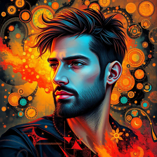 futuristic, portrait of Mike, vibrant colors, surrealism, intricate patterns, digital brushstrokes, warm lighting, ethereal atmosphere, high contrast, intricate details, Gustav Klimt inspiration, abstract composition, dynamic movement, expressive emotions, cybernetic elements, cosmic background, dreamlike quality, flowing lines, organic shapes, expansive space, imaginative symbolism, contemporary influences