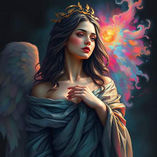 ethereal goddess, renaissance-inspired, chiaroscuro lighting, serene expression, surrealism, bold brushstrokes, celestial colors, flowing robes, delicate textures, vibrant jewel tones, intricate detailing, mystical aura, vaporwave influences, dreamlike atmosphere, novel perspective, modern reinterpretation, dynamic composition, timeless elegance, abstraction, metaphorical essence