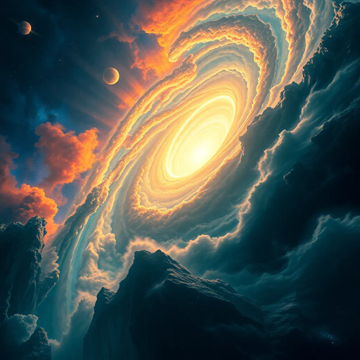cosmic phenomenon, swirling vortex, event horizon, radiant luminosity, Albert Bierstadt-inspired, baroque grandeur, contrasting shadows, ethereal glow, interstellar dust, infinite void, cosmic harmony, transcendental experience, visual allegory, metaphysical exploration, vibrant nebulae, celestial wonders, surreal juxtaposition, expansive scale, cosmic energy, astronomical phenomena, mystical depth, enigmatic atmosphere, universe creation, dark matter, surrealism, gravitational pull, cosmic dance, abstract forms, cosmic perspective, deep space, celestial mystery