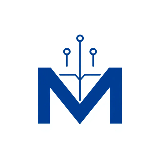 minimalist design, bold letter M, geometric precision, solid structure, small V-shaped connector lines, symbolic tree branches, hierarchical elements, indigo blue color scheme, flat vector art, sleek and contemporary, modern SaaS logo, stark white background, clean lines, corporate elegance, visual hierarchy, innovative branding, connectivity symbolism, abstract representation, adaptive simplicity, digital landscape