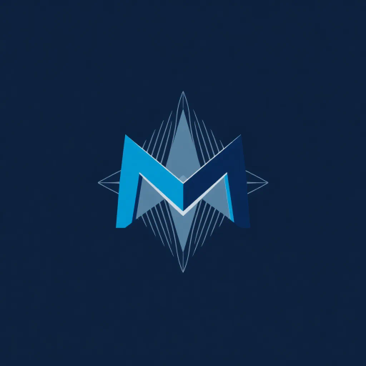 minimal M logo, perspective convergence, depth, hierarchy, solid indigo blue, geometric structure, modern tech design, flat vector illustration, Bauhaus influences, clean lines, symmetry, contemporary aesthetics, spatial innovation, futurism, precision, abstraction, innovative branding, structural elegance, dynamic form, visual impact, technological sophistication, minimalism, digital futurism, modernist aesthetic, avant-garde, high-tech minimalism, geometric symmetry, sleek elegance, innovative technology, cutting-edge design, futuristic balance