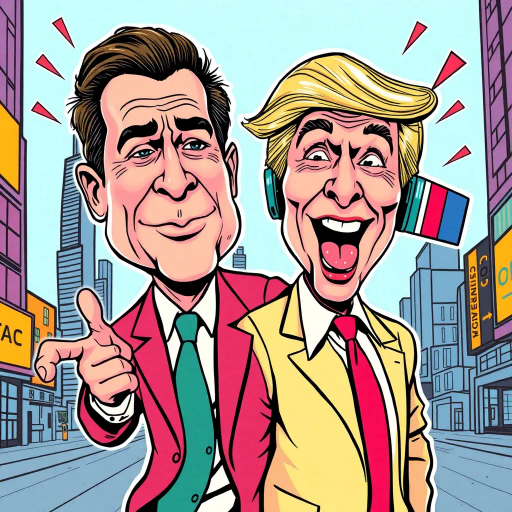 satirical caricature, dynamic duo, bold outlines, vibrant color palette, political satire, futuristic elements, neon highlights, expressive gestures, pop art influences, exaggerated features, humorous tone, cultural commentary, juxtaposition, contrasting personalities, iconic symbols, tech innovation, modern-day politics, comic strip narrative, Roy Lichtenstein style, lighthearted mood, visual storytelling, satirical humor, energetic composition, urban landscape, commentary on society, iconic figures, multimedia elements, dystopian edge, vibrant contrasts, graphic novel essence