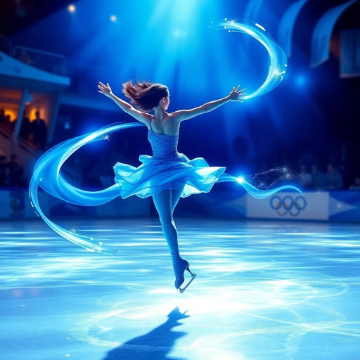 olympic figure skating contestant, dynamic movement, swirling light trails, luminous blue hues, ethereal glow, impressionistic rendering, sleek blue costume, spectators in shadowy silhouette, elegant fluidity, shimmering textures, inspired by Edgar Degas, motion blur, contemporary elegance, icy reflections, atmospheric ambiance, captured grace, mid-century modern influences, kinetic energy, vibrant lighting, expansive ice rink, captivating spectral play, sweeping curves, majestic presence, contrasting light and shadow, harmonious flow, ethereal atmosphere, swirling dynamics, light-infused elegance, delicate brushwork, pastel accents, dreamlike movement, subtle reflections, emotive poise, graceful execution, radiant illumination, expressive silhouettes
