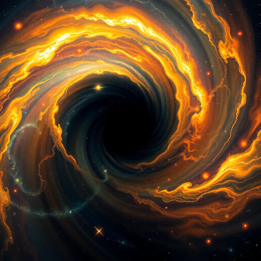 cosmic vortex, event horizon, swirling galaxies, vibrant nebulae, cosmic dust, gravitational pull, darkness and light, celestial wonders, cosmic mystery, swirling stars, Albert Bierstadt influence, cosmic scale, interstellar travel, deep space, ethereal glow, surrealism, cosmic perspective, dark matter, cosmic dance, astronomical phenomena, infinite expanse, cosmic energy, abstract forms, transcendental experience, galactic core, astronomical art, universe creation, cosmic symbolism