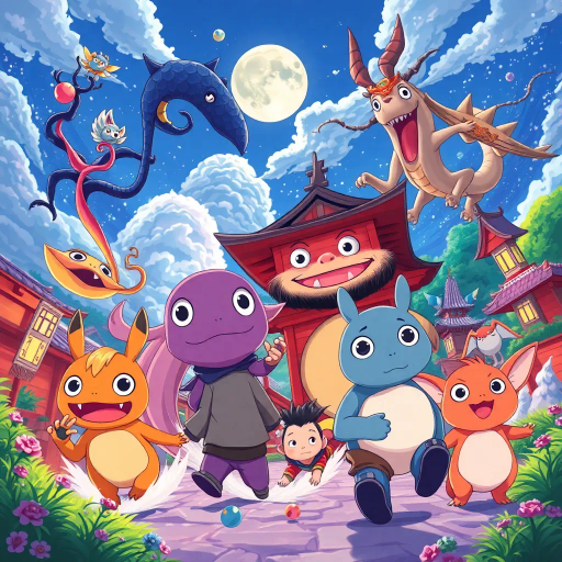 vibrant, Studio Ghibli, dynamic movement, bright colors, cel shading, whimsical, fantastical creatures, Japanese culture, expressive characters, large eyes, detailed scenery, storytelling, emotion-filled, Miyazaki-esque, surreal worlds, imaginative, youthful energy, modern twists, visual storytelling, romanticism, enchanting landscapes, cultural motifs, bold outlines