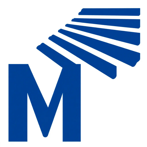 bold letter M, parallel strokes, tapering structure, upward hierarchy, indigo blue, geometric precision, vector design, minimalist aesthetic, structural elegance, balance and symmetry, clean composition, white background, modernist influences, Bauhaus geometry, minimal lines, disciplined form, artistic clarity