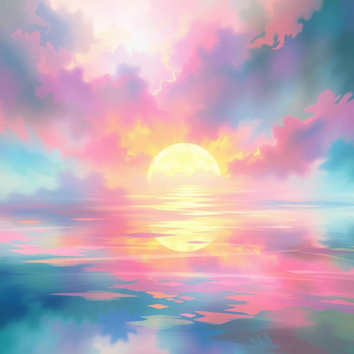 ethereal landscape, surreal filters, Claude Monet, digital saturation, abstract forms, chromatic harmony, fluid dynamics, transient light, mingling colors, atmospheric perspective, dreamlike ambiance, layered textures, vibrant hues, impressionistic brushstrokes, immersive depth, kaleidoscopic overlays, emotive gradients, modern aesthetic, fluid transitions, whimsical elements, kaleidoscope effect, algorithmic design