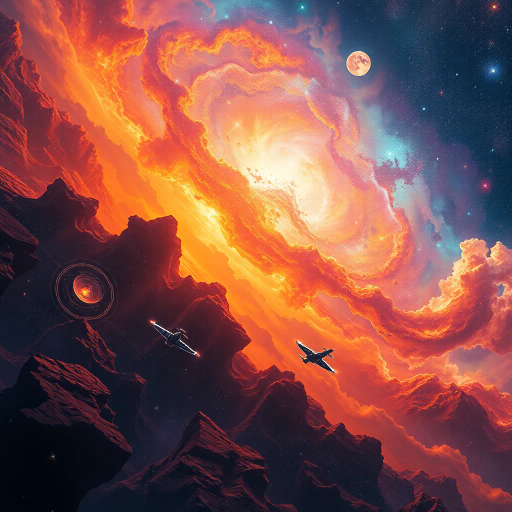 cosmic vistas, celestial landscapes, futuristic concepts, vibrant nebulas, intricate star clusters, vast galaxies, ethereal light, Hubble-inspired visuals, vibrant color palettes, science fiction elements, surreal horizons, distant planets, cosmic dust, expansive space panoramas, swirling shapes, dynamic movement, deep space exploration, imaginative worlds, interstellar travel, otherworldly dimensions, surrealism, space-time continuum, vastness, galactic elegance, Vincent van Gogh inspirations, abstract expressionism, luminous highlights, cosmic harmony, transformative beauty, starlit wonder, transcendent allure, space odyssey, vivid surrealism