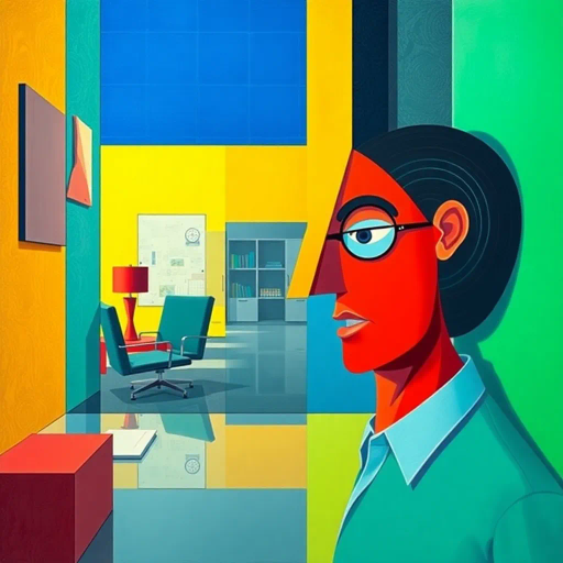 exploration of identity, michael scott, geometric abstraction, vibrant colors, cubism influence, office aesthetics, dynamic composition, modernist approach, abstract forms, playful humor, primary color palette, surreal interpretation, exaggerated proportions, whimsical expression, fragmented reality, contemporary culture, reflective surfaces, bold outlines, corporate environment, light-hearted mood, satirical tone, pop culture reference, intricate details, artistic homage, abstract geometry