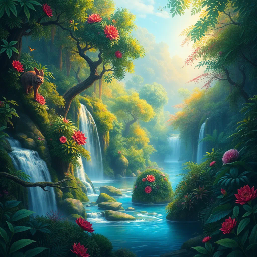 lush landscapes, vibrant hues, cascading waterfalls, ethereal light, enchanted forest, Rousseau influences, mystical creatures, surreal beauty, verdant foliage, detailed flora, serene atmosphere, tranquil rivers, whimsical whimsy, sunlight filtering through leaves, dreamlike scenery, imaginative realms, vibrant ecosystem, harmonious balance, secluded glades, untouched wilderness, fantastical elements, organic lines, intricate patterns, soft textures, immersive experience