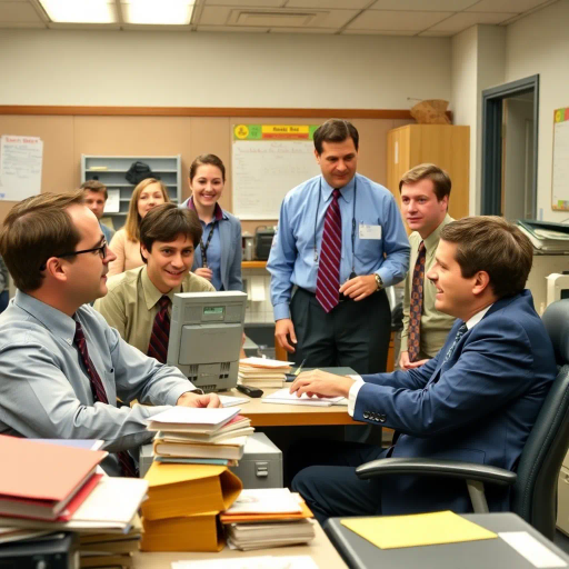 satirical, workplace comedy, 2000s television, vibrant characters, humorous interactions, Michael Scott, Jim Halpert, Dwight Schrute, sardonic wit, office dynamics, banter, mundane setting, Scranton, paper company, unconventional storytelling, ensemble cast, mockumentary style, Steve Carell, quirky relationships, deadpan humor, varied personalities, narrative arcs, expressive body language, exaggerated emotions, bright lighting, cheerful ambiance, subtle social commentary, scenographic composition