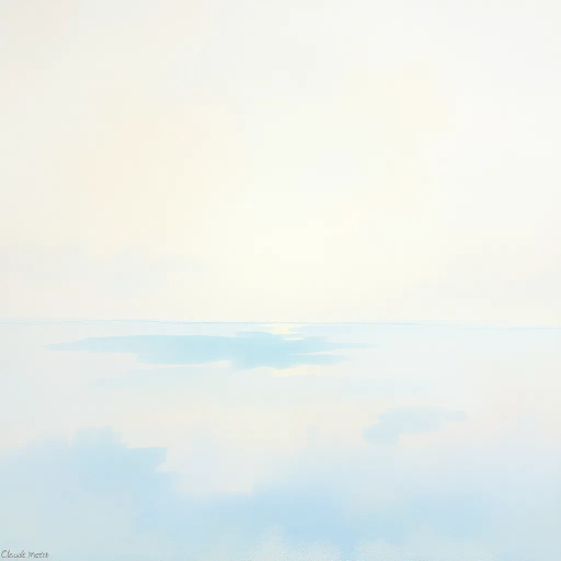 serene landscape, tranquil horizon, soft pastel hues, Claude Monet, Impressionist style, gentle brushstrokes, atmospheric perspective, soothing ambiance, ethereal lighting, delicate textures, watercolor essence, natural harmony, expansive sky, subtle movement, meditative mood, timeless scene, cultural serenity, dreamlike quality, exquisite detail, reflective surfaces, emotive tranquility, immersive space, harmonious balance