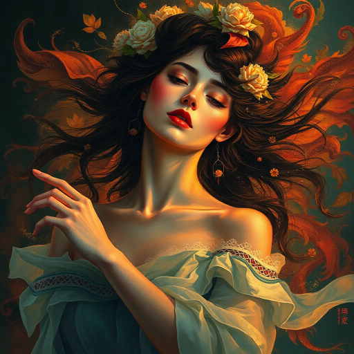 ethereal woman, renaissance lighting, dramatic contrasts, vibrant hues, delicate textures, impressionist influences, emotionally evocative, modern twist, surrealism undertones, dynamic composition, fluid movement, Baroque era inspiration, intricate details, fantastical elements, cultural richness, harmonious balance, mythical aura, expressive gesture, lively ambiance, magical realism, soft brushstrokes, timeless beauty, digital-art, Gustav Klimt, chiaroscuro, vivid palette, dreamlike quality, elegant posture, mythical creatures, enchanted realm, flowing lines, sophisticated narrative, emotional depth, artistic innovation