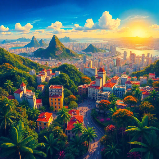 vibrant rainforest, sprawling cityscapes, Rio Carnival celebration, modernist architecture, Tarsila do Amaral, tropical paradise, lush landscapes, Samba rhythm, vivid color palettes, dynamic movement, cultural fusion, vibrant street art, warm sunlight, Copacabana beach, panoramic views, rich biodiversity, Botero-inspired figures, expressive brushstrokes, Amazon River, intricate textures, joyous atmosphere, cultural heritage, Henri Rousseau influence, energetic composition