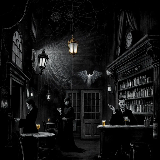 eerie bar, dimly lit, shadows, gothic noir, Edward Gorey, suspenseful atmosphere, chiaroscuro lighting, vintage ambiance, haunted tavern, ominous undertones, dark fantasy, unsettling mood, mystery, cobweb textures, ghostly presence, dramatic angles, retro horror, monochrome palette, foreboding aura, timeless space, enigmatic symbols, spectral patrons, midnight hour, detail-rich illustration, dramatic shading, mysterious narrative, intricate line work, atmospheric storytelling, Victorian influences, supernatural elements, claustrophobic setting, sinister motifs, curated darkness, visual tension, supernatural realism