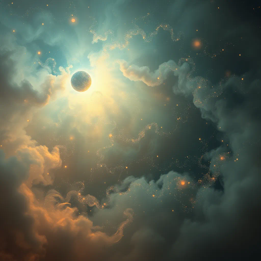 ethereal dust clouds, swirling, mystical atmosphere, luminescent particles, dreamscape, vivid hues, chiaroscuro lighting, surreal landscape, enchanting, soft focus, divine ambiance, Organic shapes, M.C. Escher influences, cosmic elements, delicate textures, ethereal glow, infinite depth, atmospheric perspective, poetic movement, celestial bodies, weightless drift, otherworldly charm, transcendent experience, timeless quality, American Romanticism, inspired by Turner, golden highlights, twilight setting, impressionistic brushwork