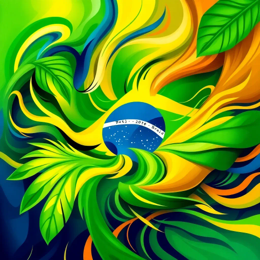 vibrant colors, swirling movement, tropical allure, Brazilian flag, geometric precision, cultural celebration, Carnival inspiration, abstract shapes, bold contrast, energetic flow, Rio de Janeiro, lush greens, radiant yellows, deep blues, chromatic harmony, festive spirit, national pride, rhythmic patterns, dynamic composition, joyful exuberance, modern interpretation