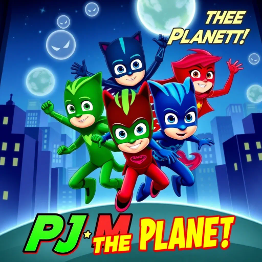 PJ Masks, heroic team, action-packed, saving the planet, dynamic poses, vibrant colors, night-time adventure, masked heroes, courageous, camaraderie, youthful energy, vivid contrast, illustrated cityscape, comic panels, bold outlines, suspenseful narrative, modern superheroes, dramatic lighting, mission to protect, teamwork, urban environment, storytelling