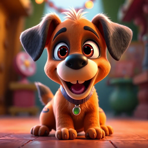 cute dog character, inspired by Pixar, vibrant colors, playful expression, dynamic motion, soft lighting, whimsical composition, animated style, storytelling elements, expressive eyes, engaging narrative, cinematic framing, 3D-like rendering, emotional depth, artistic storytelling, family-friendly mood, high detail, fantasy world, colorful environment, imaginative design