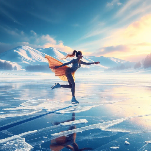 winter landscape, graceful skater, Olympic competition, dynamic motion, surreal elegance, glistening ice, dramatic lighting, vibrant colors, fluid movement, delicate balance, modern artistry, celebratory atmosphere, sportsmanship, international influence, precise technique, Alexander Calder inspiration, futuristic design, cold palette, geometric patterns, sweeping lines, epic scale, abstract realism, vivid textures, harmonious composition