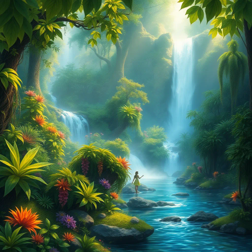 lush landscapes, vibrant hues, cascading waterfalls, ethereal light, enchanted forest, Rousseau influences, mystical creatures, surreal beauty, verdant foliage, detailed flora, serene atmosphere, tranquil rivers, whimsical whimsy, sunlight filtering through leaves, dreamlike scenery, imaginative realms, vibrant ecosystem, harmonious balance, secluded glades, untouched wilderness, fantastical elements, organic lines, intricate patterns, soft textures, immersive experience