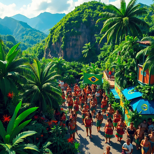 tropical paradise, vibrant rainforest, Rio Carnival, Brazilian culture, Jorge Selarón, Carmen Miranda, exuberant colors, lush vegetation, dynamic samba dancers, vivid patterns, Amazon River, exotic wildlife, modern architecture, indigenous art, celebratory mood, Afro-Brazilian heritage, vibrant street scenes, bold compositions, fluid movement, warmth and energy, sunlit landscapes, urban diversity, festive atmosphere, contemporary influences, chromatic brilliance