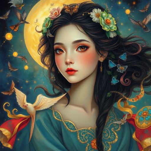 dreamlike, surrealism, ethereal, vibrant colors, intricate details, expressive brushstrokes, mythological, fantastical aura, luminous lighting, delicate textures, feminine essence, youthful energy, soft brush techniques, romanticism, Art Nouveau, cosmic backdrop, whimsical, gentle emotion, enchanting gaze, flowing garments, nature elements, starry night, dynamic poise, cultural richness, intricate ornamentation, timeless elegance, celestial ambiance