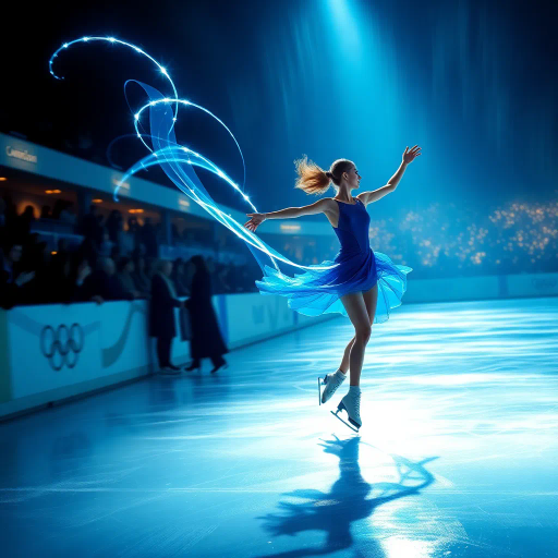 olympic figure skating contestant, dynamic movement, swirling light trails, luminous blue hues, ethereal glow, impressionistic rendering, sleek blue costume, spectators in shadowy silhouette, elegant fluidity, shimmering textures, inspired by Edgar Degas, motion blur, contemporary elegance, icy reflections, atmospheric ambiance, captured grace, mid-century modern influences, kinetic energy, vibrant lighting, expansive ice rink, captivating spectral play, sweeping curves, majestic presence, contrasting light and shadow, harmonious flow, ethereal atmosphere