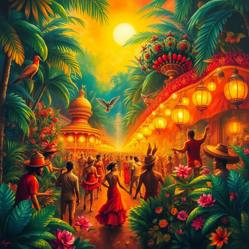 vibrant carnival, amazon jungle, lush greenery, rich cultural tapestry, Carmen Miranda, surrealism, tropical hues, dynamic movement, rhythmic energy, expressive colors, intricate patterns, lively street scenes, samba dancers, exotic wildlife, atmospheric perspective, detailed textures, magical realism, cultural diversity, spirited festivities, radiant sunlight, complex compositions, whimsical elements, bold palettes, mystical atmosphere, fantastical landscapes, tropical flora and fauna