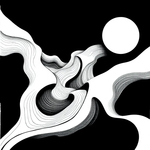 geometric shapes, intricate patterns, flowing lines, minimalist design, abstract expression, monochrome palette, dynamic movement, M.C. Escher influence, precise detailing, linear perspective, conceptual exploration, visual harmony, contour emphasis, spatial depth, contemporary influence, surreal geometry, optical illusion, mathematical artistry, avant-garde composition, abstract forms, pen and ink medium, black and white contrast, intersecting lines, detailed tessellation, fluid dynamics, rhythmic patterns, creative geometry, fine linework, subtle gradients, modern abstraction, artistic innovation, interlocking forms, infinite loops, Escherian landscapes, artistic paradox