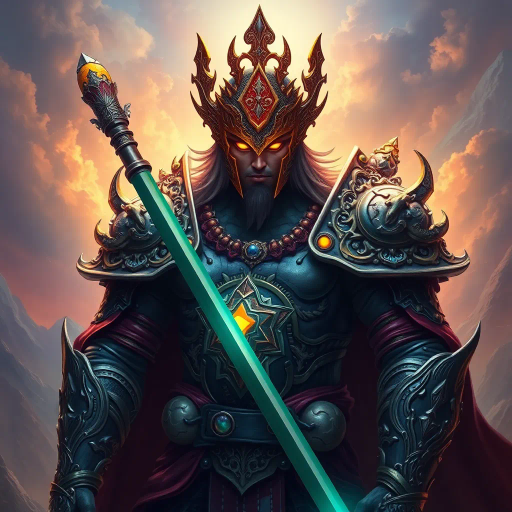 majestic warrior, intricate armor, vibrant colors, ethereal light, Baroque influence, dynamic pose, epic scale, mysterious aura, glowing eyes, mythical elements, storytelling, rich textures, detailed craftsmanship, fantastical landscape, intense gaze, surreal atmosphere, heroic stature, dramatic contrast, legendary figure, cultural symbolism