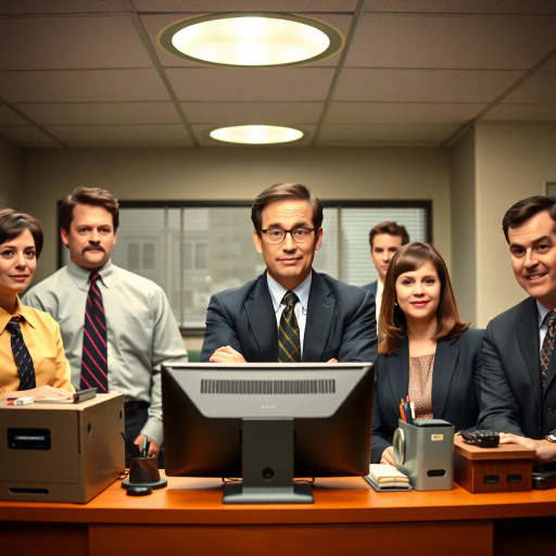 The Office, TV show, satirical humor, vibrant, Steve Carell, ensemble cast, mockumentary style, quirky, everyday life, work environment, subtle irony, character dynamics, Michael Scott, Dunder Mifflin, Scranton, Pennsylvania, documentary filming, 2000s television, comedic timing, deadpan expression, cultural phenomenon, paper company, witty banter, office antics, relatable humor, office supplies, Jim Halpert, Pam Beesly, Dwight Schrute, team dynamics, overhead fluorescent lighting, mundane yet charming, round camera angles, workplace relationships