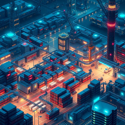 futuristic logistics hub, intricate networks, advanced technology, neon lights, bustling activity, precise coordination, isometric cityscape, vibrant colors, detailed architecture, dynamic flow, global connectivity, efficiency, Claude Monet meets cyberpunk, sleek design, geometric structures, high-tech warehouses, drones in motion, supply chain management, nighttime ambiance, innovative transportation, modular construction, energetic mood