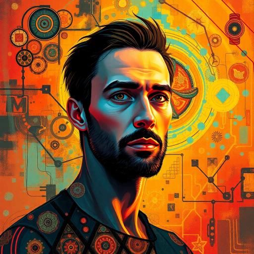 futuristic, portrait of Mike, vibrant colors, surrealism, intricate patterns, digital brushstrokes, warm lighting, ethereal atmosphere, high contrast, intricate details, Gustav Klimt inspiration, abstract composition, dynamic movement, expressive emotions, cybernetic elements, cosmic background, dreamlike quality, flowing lines, organic shapes, expansive space, imaginative symbolism, contemporary influences