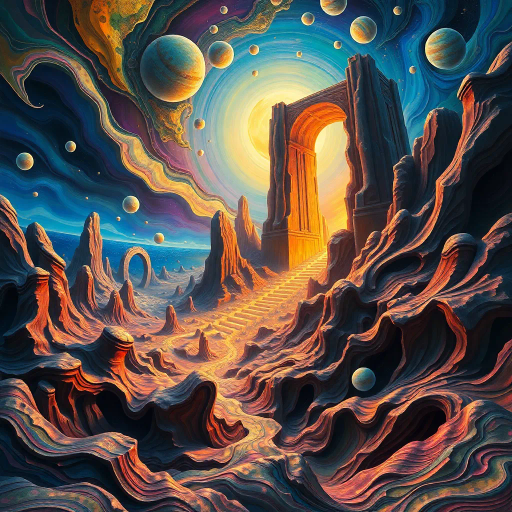 multidimensional space, surreal landscapes, Salvador Dali influences, vibrant contrasts, ethereal glow, complex geometry, immersive depth, fluid motion, abstract forms, modernist architecture, intricate detail, spatial distortion, optical illusions, dynamic perspective, vibrant colors, futuristic visions, sculptural elements, imaginative realms