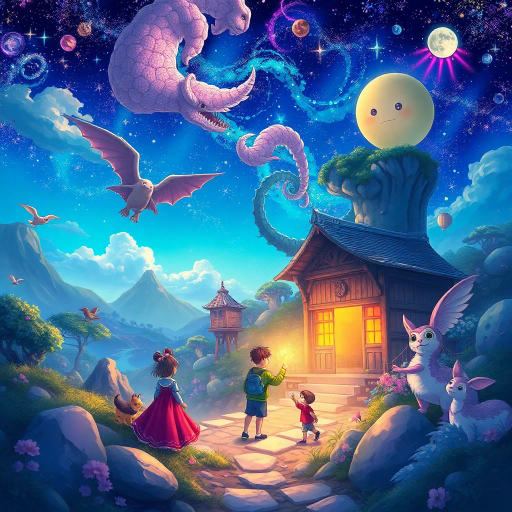 magical realism, vibrant colors, Studio Ghibli influence, fantastical creatures, serene landscapes, dynamic action, whimsical characters, high detail, emotional depth, Miyazaki style, enchanting worlds, youthful adventure, celestial elements, soft gradients, expressive eyes, intricate line work, fairy-tale atmosphere, cultural symbolism, ethereal lighting, narrative richness, dreamlike quality