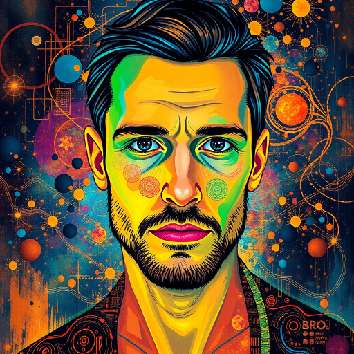 futuristic, portrait of Mike, vibrant colors, surrealism, intricate patterns, digital brushstrokes, warm lighting, ethereal atmosphere, high contrast, intricate details, Gustav Klimt inspiration, abstract composition, dynamic movement, expressive emotions, cybernetic elements, cosmic background, dreamlike quality, flowing lines, organic shapes, expansive space, imaginative symbolism, contemporary influences
