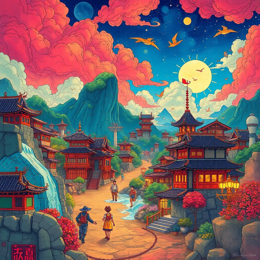 vibrant colors, dynamic composition, Studio Ghibli inspiration, detailed environments, expressive character designs, emotional depth, fantastical themes, cultural motifs, fluid motion, nostalgic atmosphere, distinctive line art, otherworldly settings, intricate detailing, magical realism, retro-futuristic elements, storytelling focus, character-driven narrative, visual storytelling, imaginative landscapes, enchanting creatures