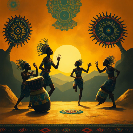 Afrofuturism, rhythmic movement, vibrant percussion, symbolic dance forms, colorful geometrics, intricate patterns, African motifs, cultural fusion, warm earth tones, dynamic lighting, tribal influences, surreal landscapes, vibrant and energetic mood, contemporary African art, rich textures, expressive and emotive, shades of gold and terracotta, rhythmic flow, ancestral connections, celebration of diversity, communal spirit, visionary art, harmony and unity