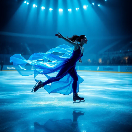 olympic figure skating contestant, dynamic movement, swirling light trails, luminous blue hues, ethereal glow, impressionistic rendering, sleek blue costume, spectators in shadowy silhouette, elegant fluidity, shimmering textures, inspired by Edgar Degas, motion blur, contemporary elegance, icy reflections, atmospheric ambiance, captured grace, mid-century modern influences, kinetic energy, vibrant lighting, expansive ice rink, captivating spectral play, sweeping curves, majestic presence, contrasting light and shadow, harmonious flow, ethereal atmosphere, dynamic movement, cascading light, surreal illumination, Edgar Degas inspiration, fluid motion, luminescent waves, intricate composition, artistic elegance, vibrant expression, poignant silence, visual poetry, dreamlike imagery, emotional resonance, contemporary styling