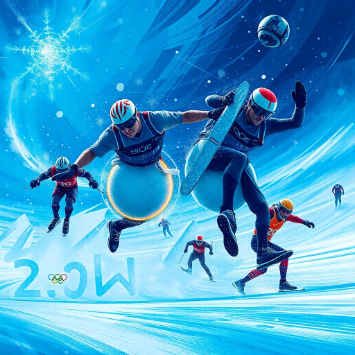 winter olympics, dynamic movement, sleek composition, cold hues, vibrant blues and whites, dramatic lighting, icy textures, contemporary style, historic influence, athletic prowess, intricate detail, futuristic equipment, high-energy performance, panoramic view, cultural symbolism, diverse athletes, harmonious blend, abstract interpretation, immersive atmosphere, competitive spirit
