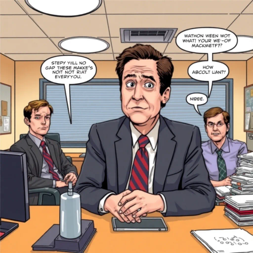 The Office, TV show, satirical humor, vibrant, Steve Carell, ensemble cast, mockumentary style, quirky, everyday life, work environment, subtle irony, character dynamics, Michael Scott, Dunder Mifflin, Scranton, Pennsylvania, documentary filming, 2000s television, comedic timing, deadpan expression, cultural phenomenon, paper company, witty banter, office antics, relatable humor, office supplies, Jim Halpert, Pam Beesly, Dwight Schrute, team dynamics, overhead fluorescent lighting, mundane yet charming, round camera angles, workplace relationships, comic-book, vivid colors, exaggerated expressions, dynamic panel layout, humorous dialogue, inked outlines, visual storytelling, expressive character poses, narrative sequencing, contemporary setting, pop culture impact, stylized humor