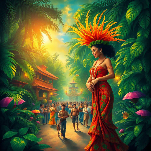vibrant carnival, amazon jungle, lush greenery, rich cultural tapestry, Carmen Miranda, surrealism, tropical hues, dynamic movement, rhythmic energy, expressive colors, intricate patterns, lively street scenes, samba dancers, exotic wildlife, atmospheric perspective, detailed textures, magical realism, cultural diversity, spirited festivities, radiant sunlight, complex compositions, whimsical elements, bold palettes, mystical atmosphere, fantastical landscapes, tropical flora and fauna