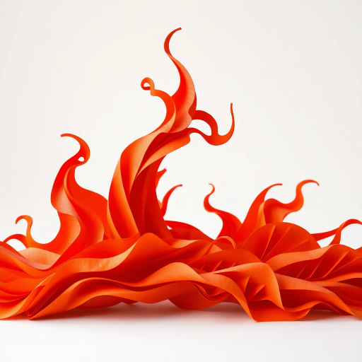 intricate paper folds, vibrant orange and red hues, traditional Japanese artistry, delicate craftsmanship, dynamic flame shape, three-dimensional sculptures, precision in detail, symbolic of transformation and renewal, artistic interpretation, lightweight paper textures, manipulation of light and shadow, warm tones, fluid motion, cultural heritage, geometric patterns, balance and symmetry, evocative and energetic, hand-crafted elegance, harmony of natural elements, gentle curves and sharp angles