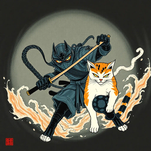 ninja, cat, stealth, agility, Katsushika Hokusai, vibrant colors, sumi-e brushwork, dynamic movement, Edo period, Japanese folklore, warrior spirit, shadowy lighting, detailed textures, mythical creatures, high-intensity action, expressive line quality, samurai influence, dramatic poses, mystical atmosphere, artistic intent of mystery