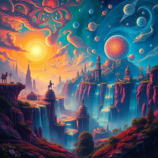surreal landscape, futuristic cityscape, ethereal glow, vibrant color palette, Salvador Dalí influence, dream-like imagery, intricate details, cascading waterfalls, luminous skies, mythical creatures, otherworldly architecture, dynamic movement, cosmic energy, enchanting forest, mystical ambiance, juxtaposition of elements, imaginative realms, whimsy and wonder, sweeping vistas, fluid forms, elaborate patterns, celestial bodies, vibrant contrast, expansive spaces, psychedelic inspiration, fantasy-art, ethereal tones, iridescent glow, surrealism, luminescent textures, kinetic energy, enchanted atmosphere, wondrous exploration, vibrant hues