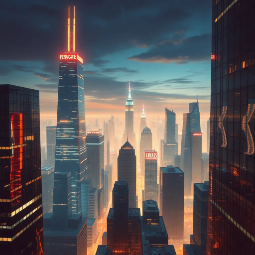 corporate leadership, power dynamics, futuristic cityscape, neon lights, high-rise architecture, luminous reflections, sharp contrasts, Edward Hopper, Giorgio de Chirico, modernism, sleek design, urban sophistication, high angle perspective, dynamic movement, strategic focus, metaphorical landscapes, evening glow, structural balance, business attire, visionary outlook, digital abstraction, vibrant palettes