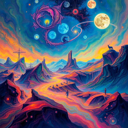 ethereal landscapes, dreamlike fantasy, vivid color palette, surreal lighting effects, intricate linework, vibrant hues, Salvador Dali inspiration, luminescent glows, mythical creatures, abstract forms, dynamic composition, painterly textures, otherworldly scenes, immersive atmosphere, magical realism, fantastical elements, celestial motifs, imaginative storytelling, visual poetry, enchanting narratives