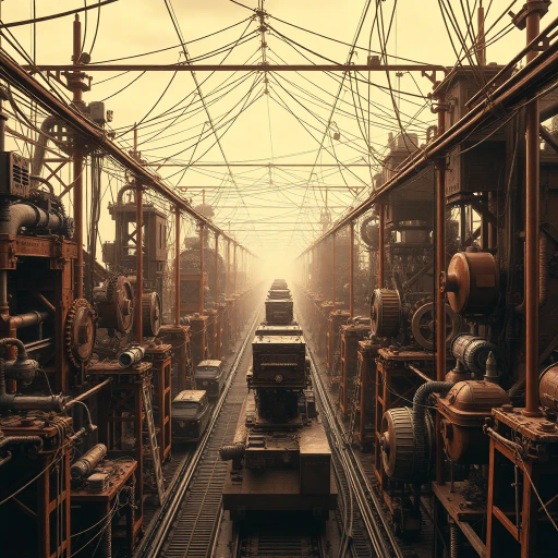 industrial revolution, steampunk, logistics, gears, machinery, intricate, Nikola Tesla, dramatic lighting, sepia tones, cybernetic, futuristic, vast networks, connectivity, urban sprawl, transportation hubs, wires, metal, rust textures, dystopian, bustling, dynamic, engineering marvels, perspective depth, technological evolution, symmetry, complexity, movement, interconnection, post-apocalyptic, innovation, abstract forms